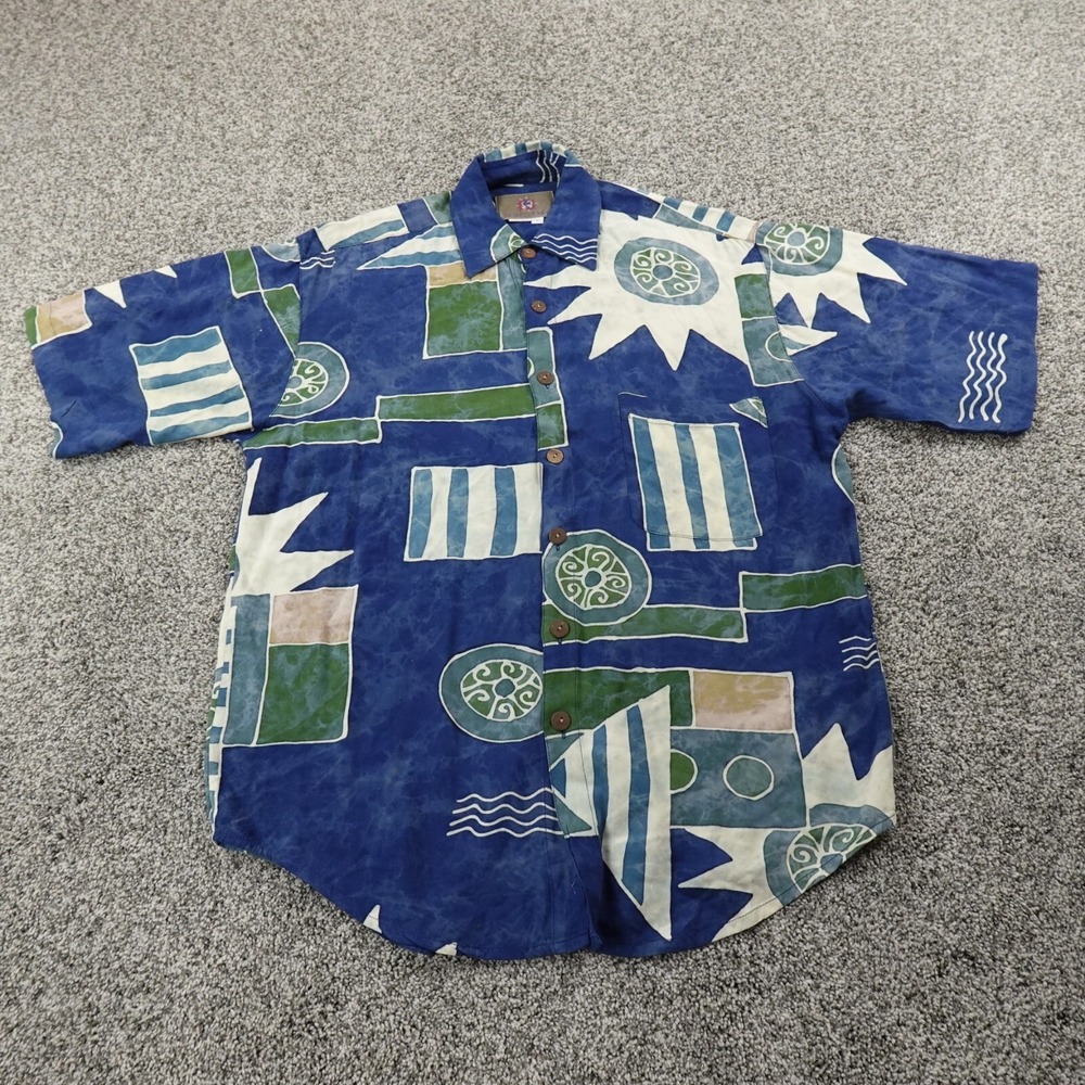 Territory Ahead Shirt Mens S Blue Geometric Artsy Psychedelic Aztec Hawaain Camp